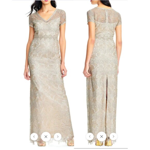 Adrianna Papell AP1E202688 Short Sleeve Slit Back Metallic Lace Maxi Dress Gala - Picture 1 of 14